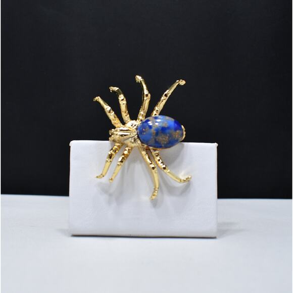 Spider Blue Glitter Lucite Brooch, Gold Plated, 1960s Vintage Brooch - Picture 4 of 10